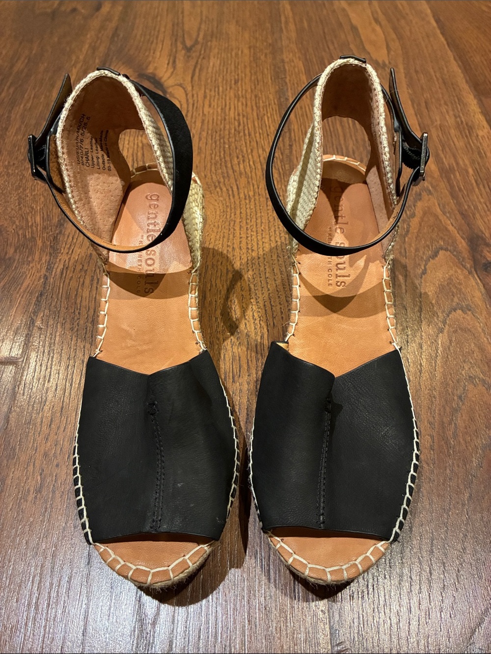 gentle souls Black Leather Espadrille Wedge Sandals with Ankle Strap